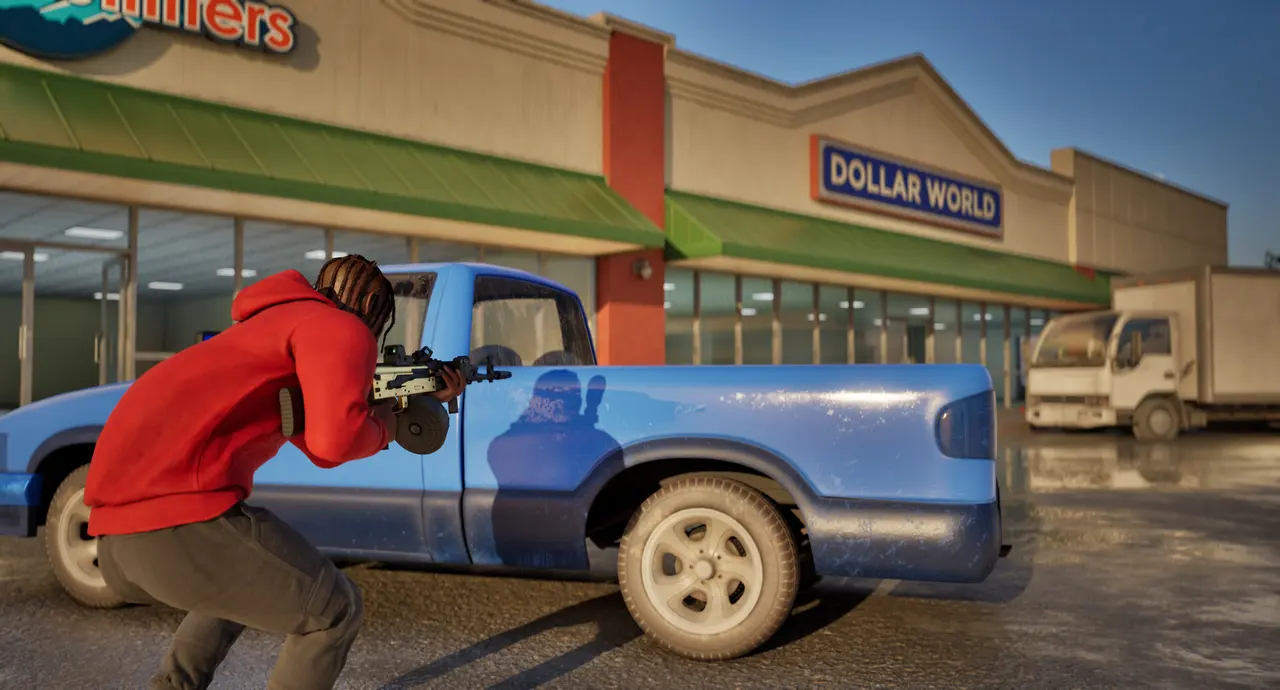 A red-clad character taking cover beside a blue pickup truck in Hood Warfare 2 (official screenshot)