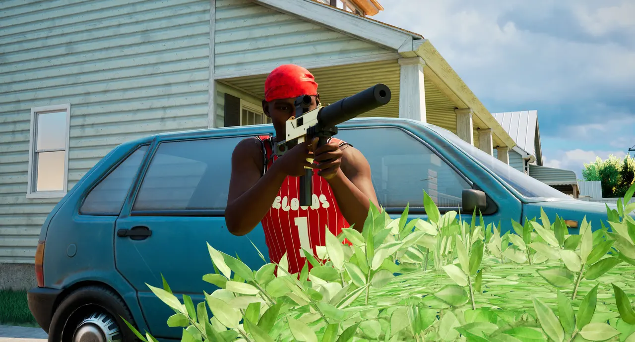 A red-clad character aiming beside a car and hedge in Hood Warfare 2 (official screenshot)