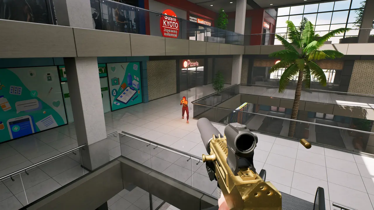 First-person view across an indoor shopping mall in Hood Warfare 2 (official screenshot)